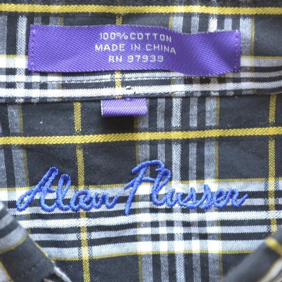 Alan Flusser Button Down Shirt Size M Plaid Black White Yellow - Picture 3 of 4